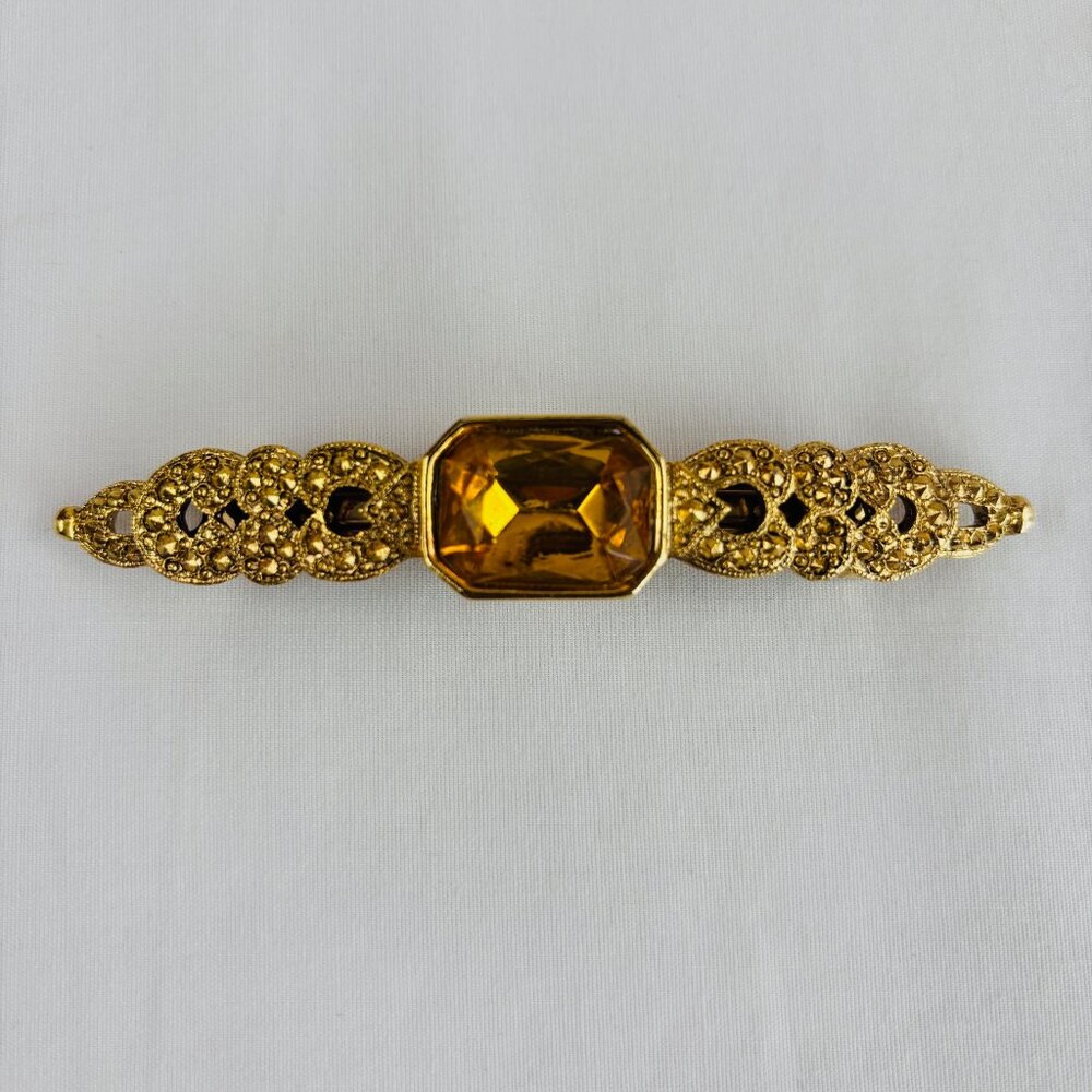 Amber Color Large Stone Barrette Gold Tone Metal Hair Clasp